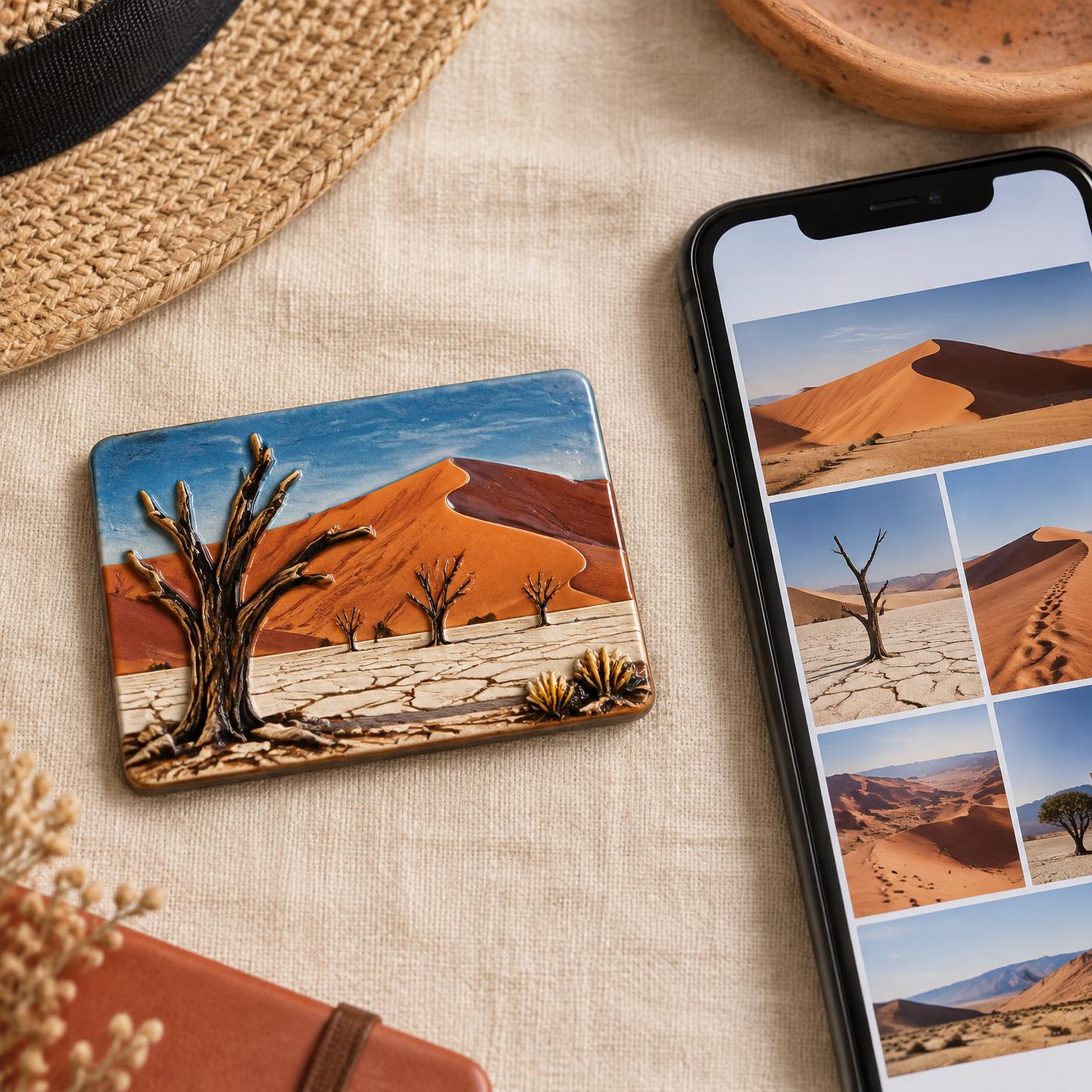 A Namibian souvenir magnet beside a phone showing a personal photo story